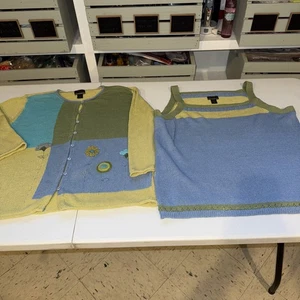Sigrid Olsen Conjunto Suéter Mujer 1x 2x Cárdigan Floral y Tanque Azul Verde Bordado - Imagen 1 de 19