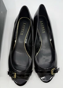 Ralph Lauren Madison schwarz gold zehenfrei Keilabsatz neu im Karton 8,5 B Kidskin/Lack - Bild 1 von 8