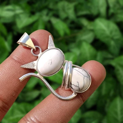 White Turquoise Gemstone Jungle Cat Pendant 925 Silver Plated Handmade Jewelry - Image 1 of 4