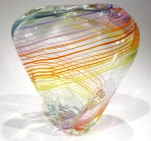 HAND BLOWN GLASS ART VASE, RAINBOW COLORS RED BLUE YELLOW PURPLE, DIRWOOD, n3831 - Picture 1 of 9