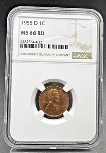1955 D Lincoln Wheat Cent Penny Coin NGC MS66 RED #032 Die chip in Liberty - Picture 1 of 8
