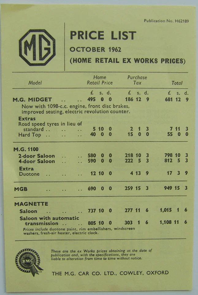 Lista de precios de imán MG Midget 1100 MGB 1962 octubre Foto 1 de 1