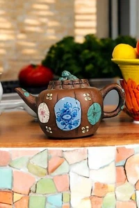 Antique Chinese Brown/Red Clay & Blue Enamel Yixing Zisha Foo Dog Teapot - Picture 1 of 14