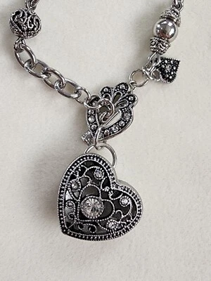 Vtg Hearts & Rhinestones Filigree Charm Bracelet Stainless Steel FREE $HIPPING! - Image 1 of 4