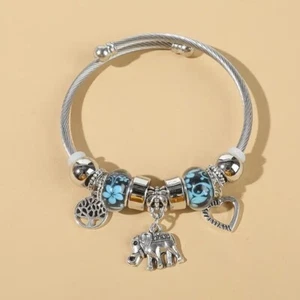 Elegant 925 Sterling Silver Tree Of Life Elephant Open Bracelet Bangle Cuff - Picture 1 of 6