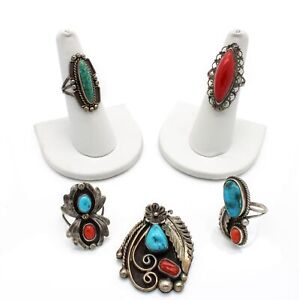 Vintage Southwestern Sterling Turquoise Coral Rings Pendant Lot of 5 #S813-8