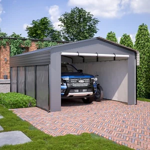 13' x 20' Metal Carport Heavy Duty Car Shelter Gazebo Garage w/Sidewalls & Doors - Picture 1 of 12
