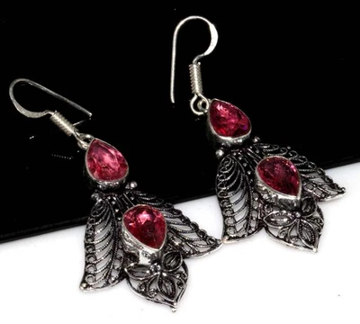 Pendientes de topacio rosa enchapados en plata 925 hechos a mano con piedras preciosas tamaño 2,3" GW Foto 1 de 3