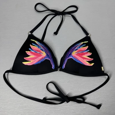 Victoria's Secret ROSA Talla Mediana Triángulo Halter Natación Top Negro Bordado Foto 1 de 4