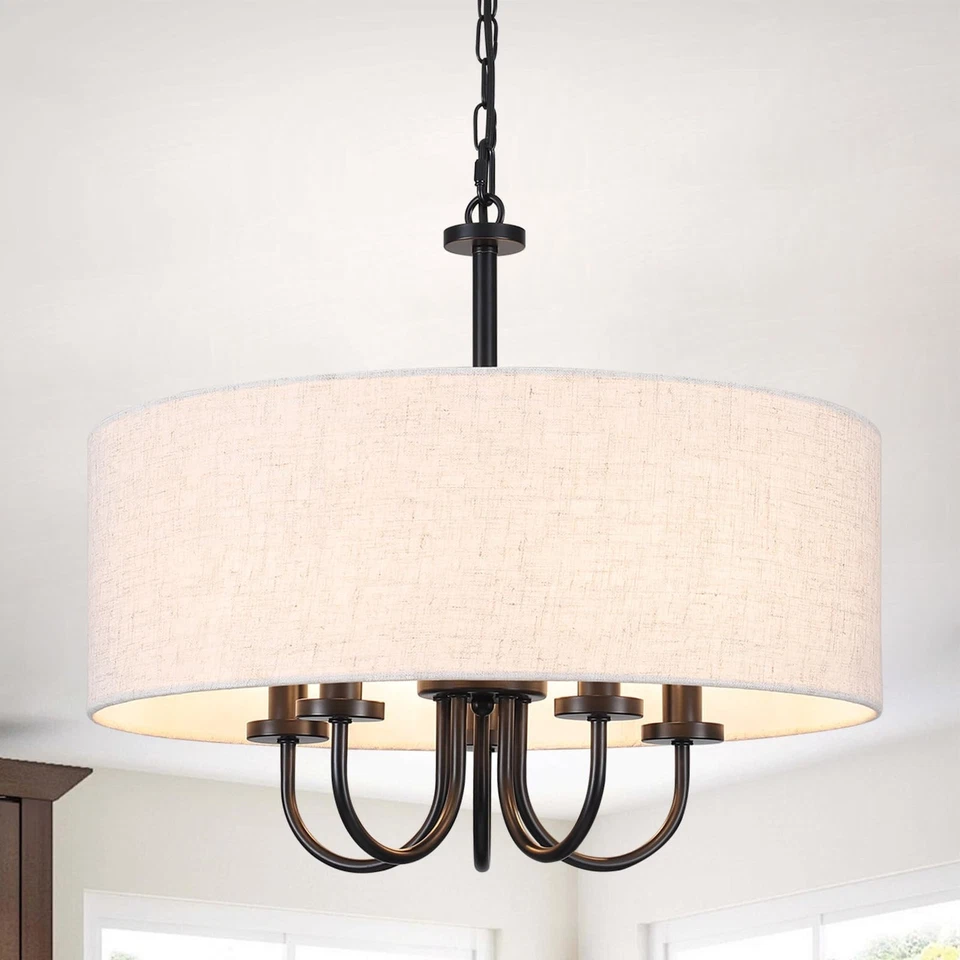 Lámpara de araña de tambor para comedor 5 luces: araña moderna de 19" con luz blanca... Foto 1 de 4