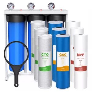 4.5"x20" Big Blue Whole House 3 Stage Well Water Filter System + 3 Year Filters - Picture 1 of 22