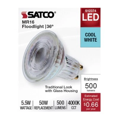 Satco S12374 - 5.5 Watt MR16 LED Floodlight - 4000K CCT - 120 V (2,6, or 12 PK) - Image 1 of 4
