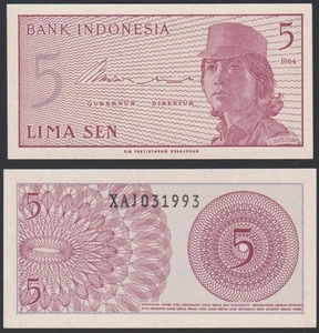 Indonesia 5 sen 1964 Volunteers Female Soldier P91 UNC Replacement Prefix XAJ #1 - Picture 1 of 8