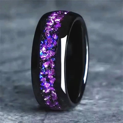 Synthetic Tanzanite Ring Black Stainless Steel Purple Wedding Band Mens Womens - Image 1 of 4
