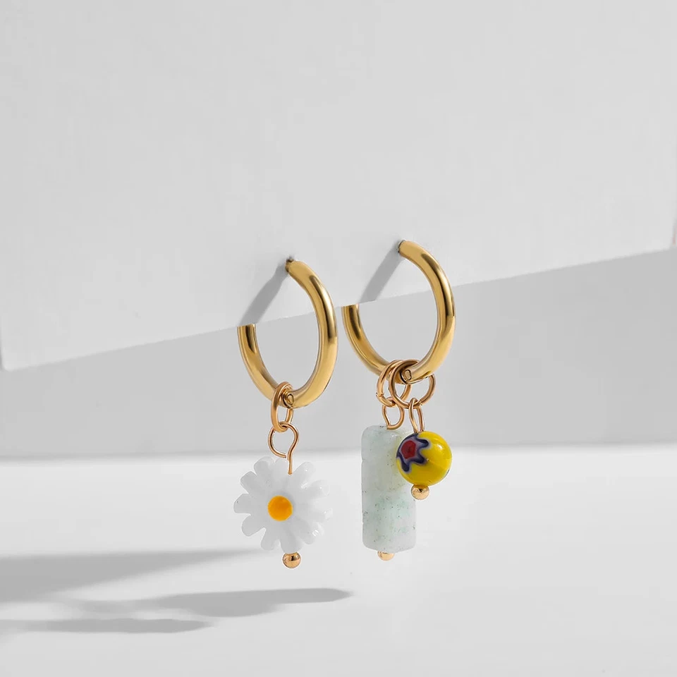 Stainless Steel Butterfly Earrings Women Flower Bead Huggie Daily Set Jewelry - Изображение 1 из 1