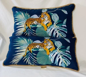 Lot Of 2 Allen + Roth Tiger Lumbar Pillow Blue Tropical Palm Leaf Jungle Print - Picture 1 of 4