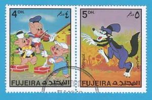 1972 FUJEIRA THREE LITTLE PIGS STAMP & BIG BAD WOLF STAMP DISNEY CHARACTERS CTO - Picture 1 of 1