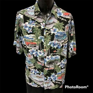 Vtg 80's Reyn Spooner American Classic HOT ROD 57 Chevrolet Rayon Hawaiian Shirt - Picture 1 of 9