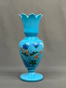Antique Victorian Hand Blown Glass Blue Bristol Enameled 13" Vase - Picture 1 of 12