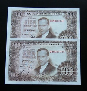 49 - BILLETE ESPAÑA 2 100 PESETAS 1953 NÚMEROS CONSECUTIVOS GEMA SIN CIRCULAR - Imagen 1 de 2