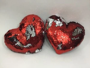 2 Decorative Sequins Silver/Red Heart Shaped Cushion Throw Pillows (15” x 12”) - Picture 1 of 3