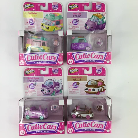 Lot of 4 Shopkins Cutie Cars Icy Roller Ballet Coupe Kissy Cab Chase Cookie NEW Cover