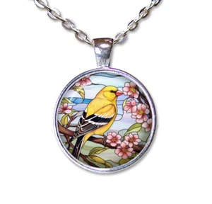 Yellow Canary Bird FAUX Stained Glass - Handmade ROUND Glass Pendant Necklace - Picture 1 of 10