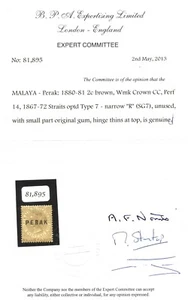 Malaya - Perek. 1881. SG7. 2c brown. Narrow R variety. Unused with BPA cert. - Picture 1 of 3