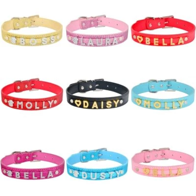 Bling Rhinestone Personalized Dog Cat Leather Collar Small Puppy Kitten Pet Name
