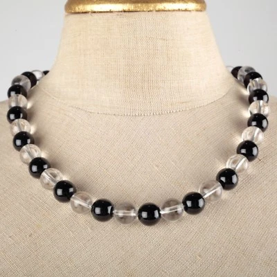 Collier Halskette Kette Glasperlen schwarz klar 52 cm Vintage Magnetverschluss - Bild 1 von 4