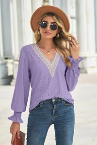 Women's Top- Contrast V-Neck Flounce Sleeve Top - Picture 1 of 31