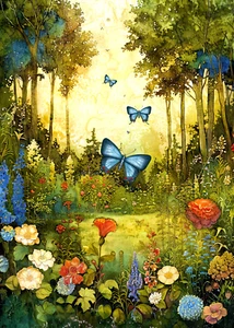 ACEO Artist Trading Card 2.5x3.5 Art Print Butterfly Flower Garden Nature Scene - Picture 1 of 3