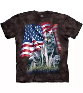 The Mountain American Flag Wolf Wild Wolves Black Animal Shirt Cotton USA L - Bild 1 von 4