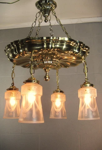 Chandelier 1910 Sheffield Restored Arts & Crafts Era Brass w Acid Etched Shades Cover