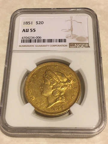 1851 AU55 NGC Liberty Double Eagle Type 1 $20 Gold Coin great appeal (no PCGS) Cover