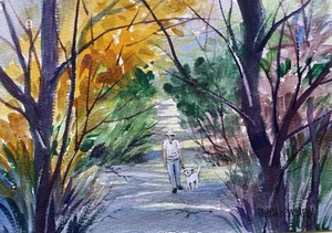 Original Pamela Wilhelm 5x7” Watercolor  shadows & Light Dog & Man Walk Trail - Picture 1 of 3