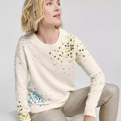 NEW $219 Charter Club Vanilla 100% Cashmere Sequin/Pearls Embellished Sweater XS - Image 1 of 4