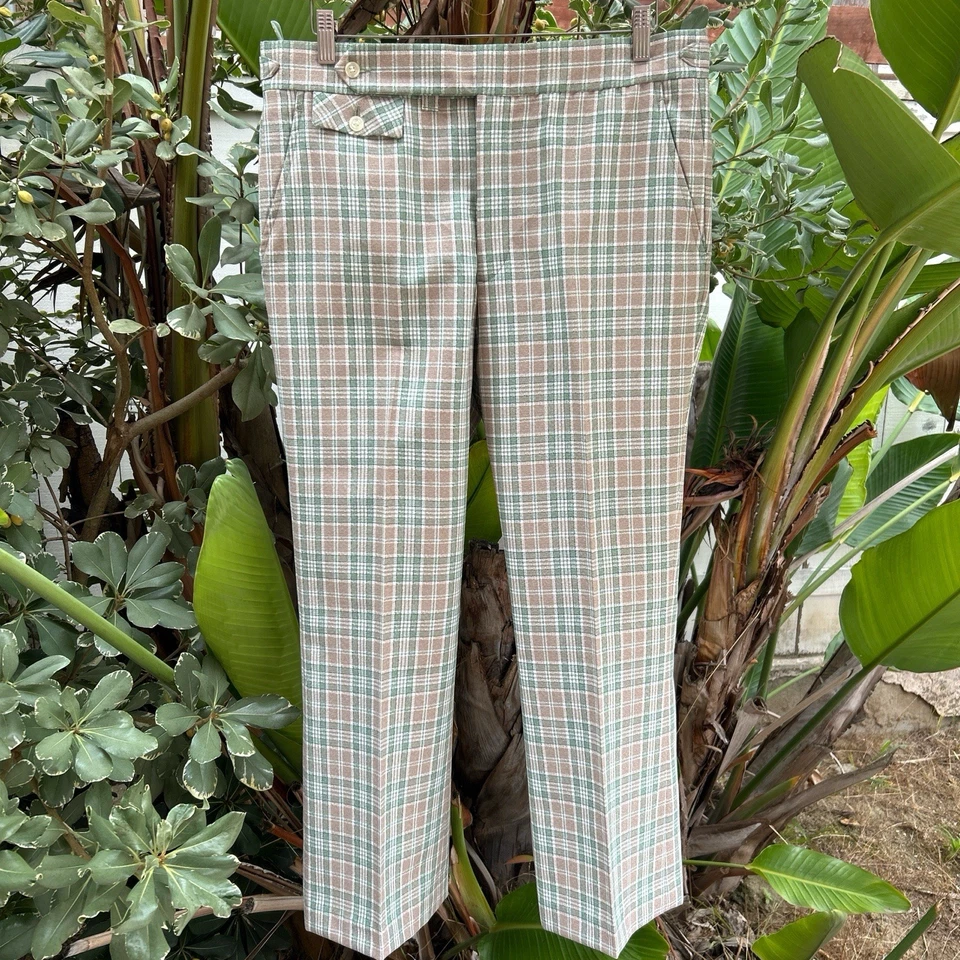 Vintage 1960s Palm Beach Brown Green Plaid Trousers 35x27 - Image 1 of 3