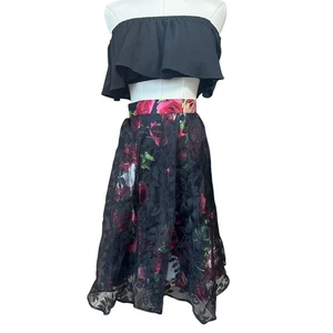 Romantic Whimsigoth Floral Satin Midi Skirt with Sheer Lace Overlay Size 1X - Picture 1 of 15