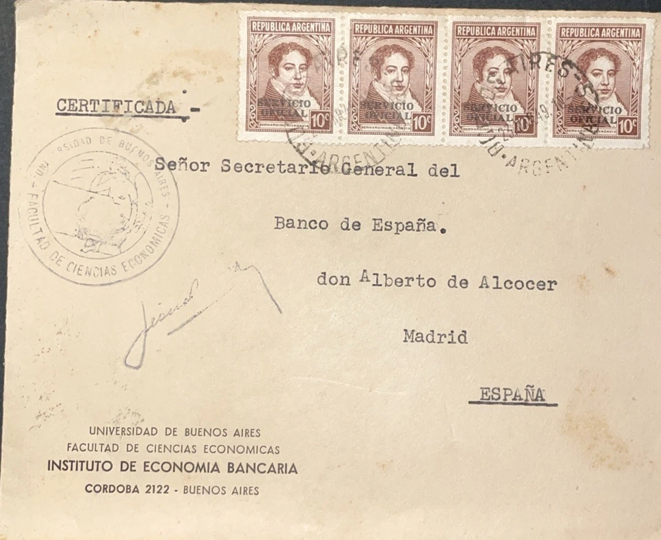 Sobre Certificado dirigido al secretario gral Banco España D. Alberto Alcocer - Imagen 1 de 1