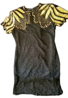 Vestido recto vintage años 90 Y2K escala seda negro dorado lentejuelas talla estilo aleta PS Foto 1 de 4