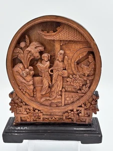 Vintage Chinese Carved Wood Panel Scene on Stand 11” Asian Relief Figurative Art - Picture 1 of 12