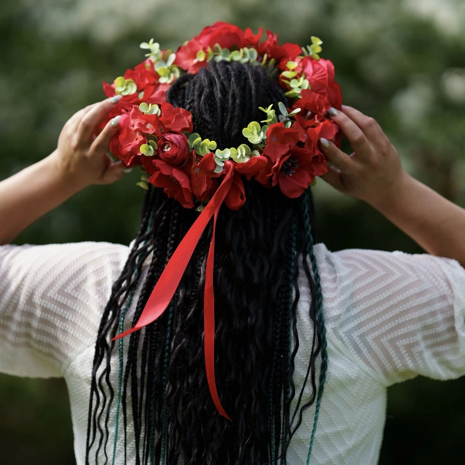 Flower Headband Head Garland Hair Band Floral Crown Wreath Festival Wedding Red  - Image 1 of 3