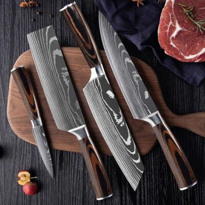 4 Pcs Kitchen Knife Set Damascus Pattern Stainless Steel Chef's Cleaver Knife