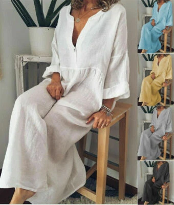 Womens Baggy Cotton Linen Dress Casual Loose Boho Holiday Kaftan Long Maxi Dress - Image 1 of 4