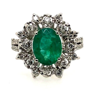 Natural Oval Green Emerald & Diamond Solitaire Ring 14k White Gold 2.66Ct - Picture 1 of 5