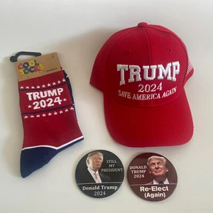 2024 Präsident Donald Trump Geschenkset Baseballmütze Socken Knöpfe retten Amerika - Bild 1 von 11