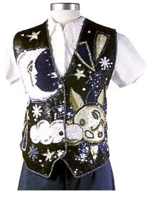 Vtg Quacker Factory Blue Cardigan Celestial Sweater Vest w/ Sun & Moon V-Neck 2X - Image 1 of 4