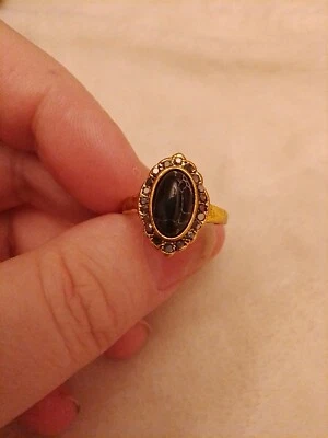 Hermoso Anillo de Metal Color Latón Negro Ovalado Gema + Halo de Marcasitas UK M  Foto 1 de 4