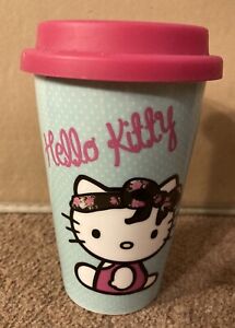 HELLO KITTY CERAMIC TRAVEL MUG DOUBLE WALL TEA / COFFEE CUP WITH SILICONE LID